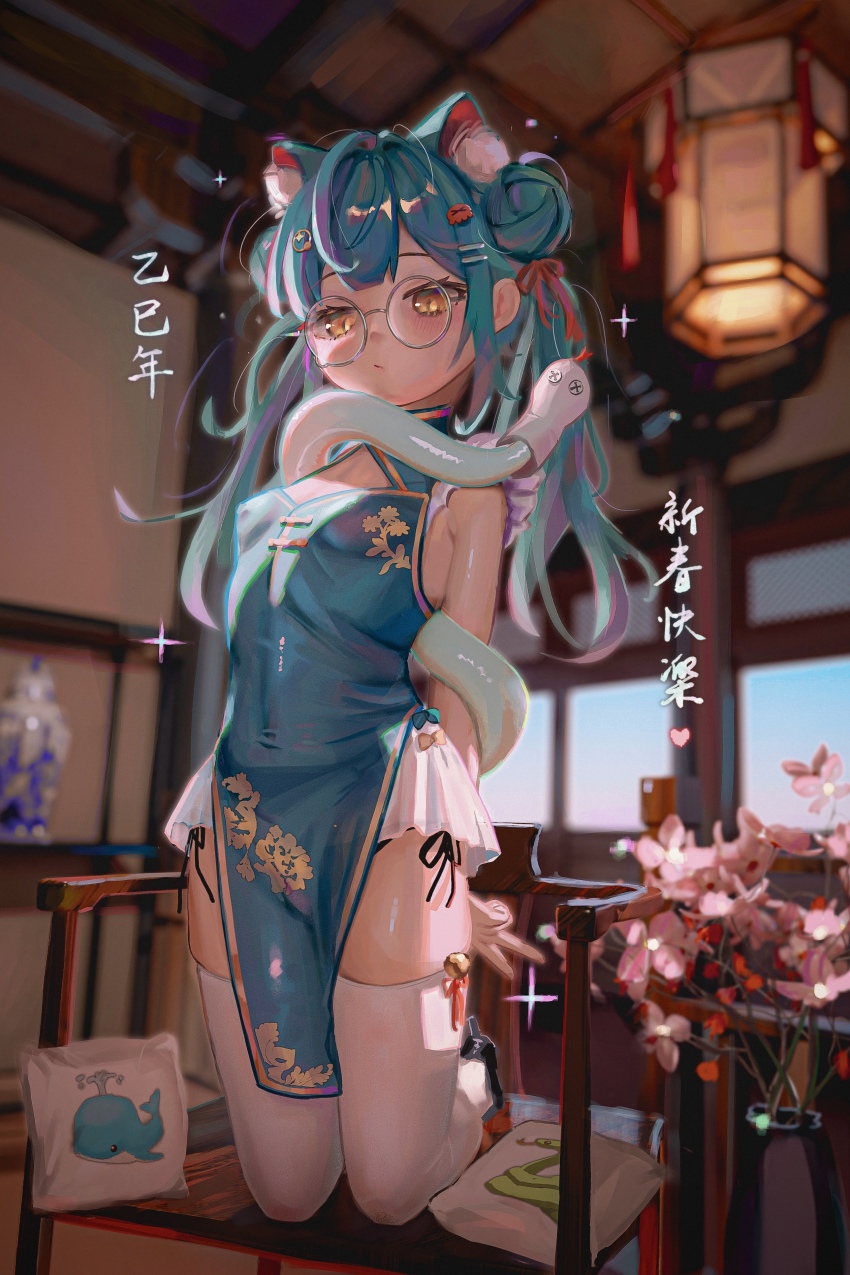 1girl absurdres animal_ear_fluff animal_ears black_panties blue_dress breasts cat_ears cat_girl cat_tail china_dress chinese_clothes chinese_commentary chinese_new_year closed_mouth commentary_request double_bun dress extra_ears glasses hair_bun highres hsch indoors kneeling long_hair orange_eyes original panties pelvic_curtain round_eyewear side-tie_panties small_breasts solo tail thighhighs translation_request twintails underwear variant_set white_thighhighs