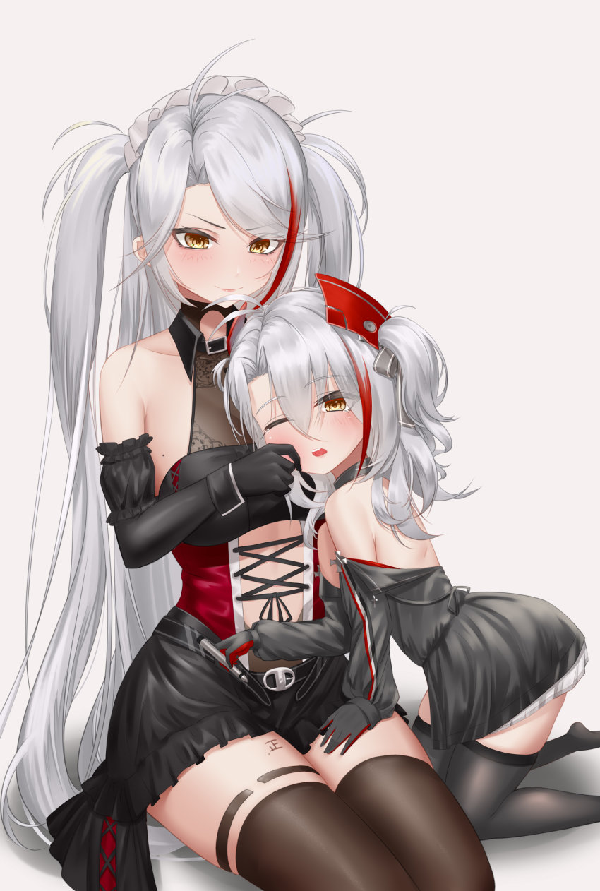 2girls ;o absurdres all_fours antenna_hair azur_lane bare_back black_gloves black_legwear blush body_writing brown_eyes cheek_pinching commentary_request cross detached_sleeves eyes_visible_through_hair gloves grey_hair hair_between_eyes hair_ornament highres ichikushi_mojibake iron_cross little_prinz_eugen_(azur_lane) long_hair long_sleeves looking_at_viewer maid_headdress midriff mother_and_daughter multicolored_hair multiple_girls name_connection one_eye_closed parted_bangs pinching prinz_eugen_(azur_lane) prinz_eugen_(kindred_evening_spirits)_(azur_lane) sidelocks sitting smile streaked_hair two-tone_hair two_side_up v-shaped_eyebrows white_background