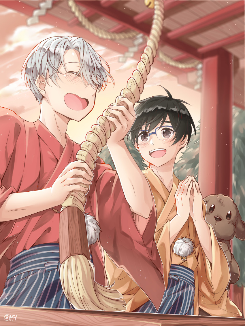 2boys :d ^_^ absurdres bell big_cat_shan black_hair blue-framed_eyewear brown_eyes closed_eyes dog glasses haori_himo highres japanese_clothes katsuki_yuuri makkachin male_focus multiple_boys new_year open_mouth own_hands_together pom_pom_(clothes) rope shide shimenawa shrine silver_hair smile viktor_nikiforov yuri!!!_on_ice