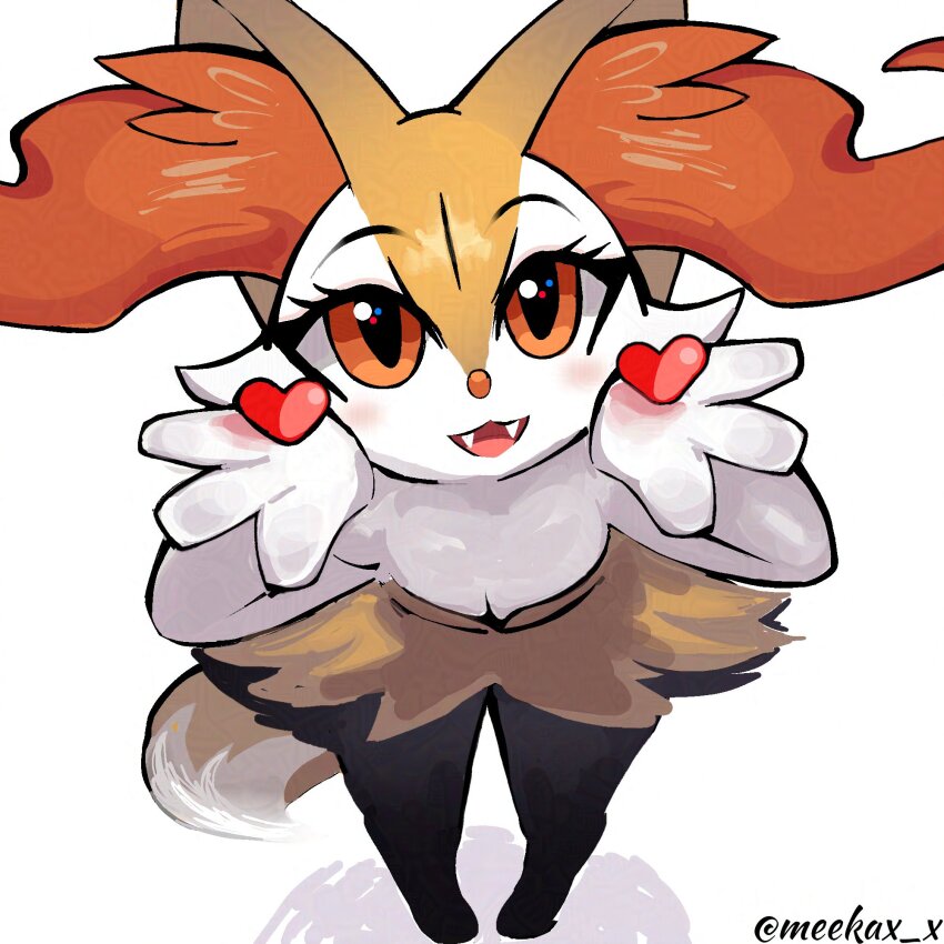 1other animal_ears braixen creatures_(company) fangs fox_ears fox_tail furry game_freak gen_6_pokemon heart highres meeka nintendo open_mouth orange_eyes other_focus pokemon pokemon_(creature) simple_background smile standing tail twitter_username white_background