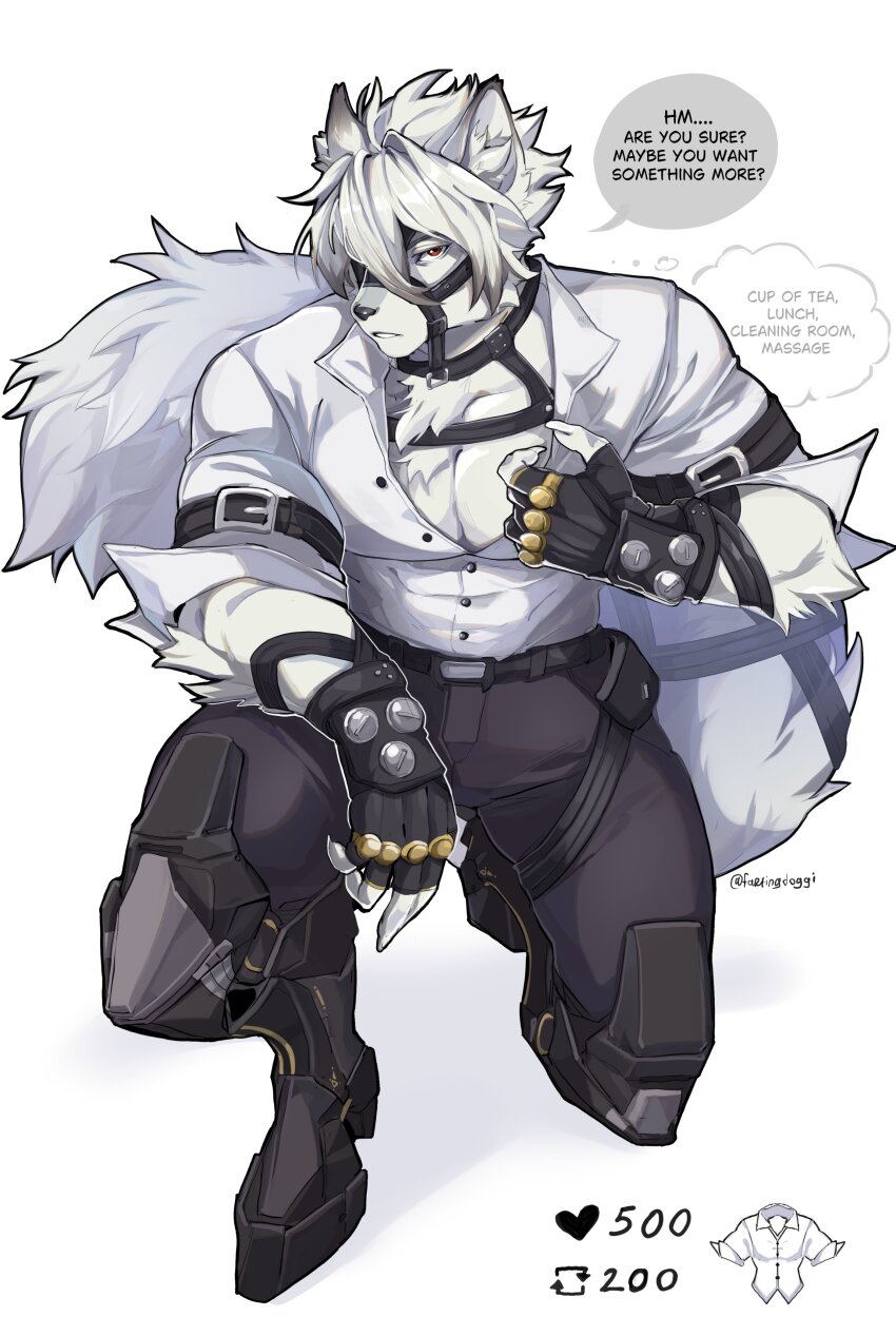 1boy absurdres animal_ear_fluff animal_ears arm_belt arrow_(symbol) artist_name belt belt_buckle black_belt black_choker black_gloves body_fur buckle buttons choker commentary english_commentary english_text eyepatch fartingdoggi fingerless_gloves furry furry_male gloves grey_hair grey_pants hair_between_eyes hair_intakes heart highres kneeling kneeling_on_liquid like_and_retweet looking_at_viewer male_focus meme multicolored_hair muzzle one_eye_covered pants parted_lips partially_unbuttoned pectorals prosthesis prosthetic_leg red_eyes shirt shirt_tucked_in short_hair short_sleeves simple_background solo speech_bubble streaked_hair tail thought_bubble twitter_strip_game_(meme) twitter_username von_lycaon white_background white_fur white_hair white_shirt wolf_boy wolf_ears wolf_tail zenless_zone_zero