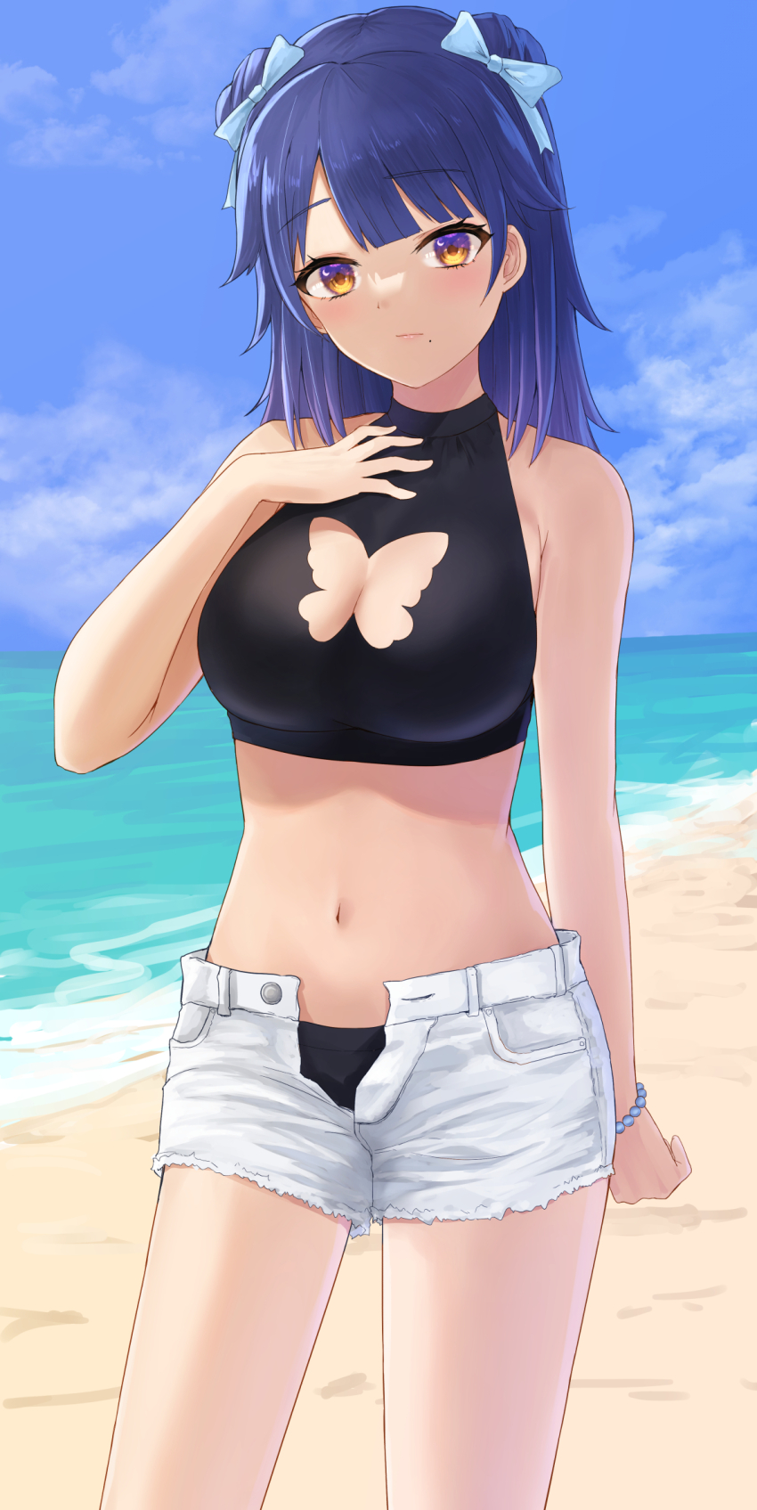 1girl beach bead_bracelet beads bikini black_bikini blue_bow blue_hair blue_sky bow bracelet breasts butterfly_cutout cleavage cleavage_cutout clothing_cutout cloud crescent crescent_in_eye cutoffs day double_bun genmai_monster gradient_hair hair_bow hair_bun hand_on_own_chest haruluna highres jewelry kirishima_luna large_breasts looking_at_viewer medium_hair midriff mole mole_under_mouth multicolored_hair navel ocean open_clothes open_shorts outdoors purple_eyes purple_hair shorts sky solo standing stomach swimsuit tankini two-tone_eyes water white_shorts yellow_eyes