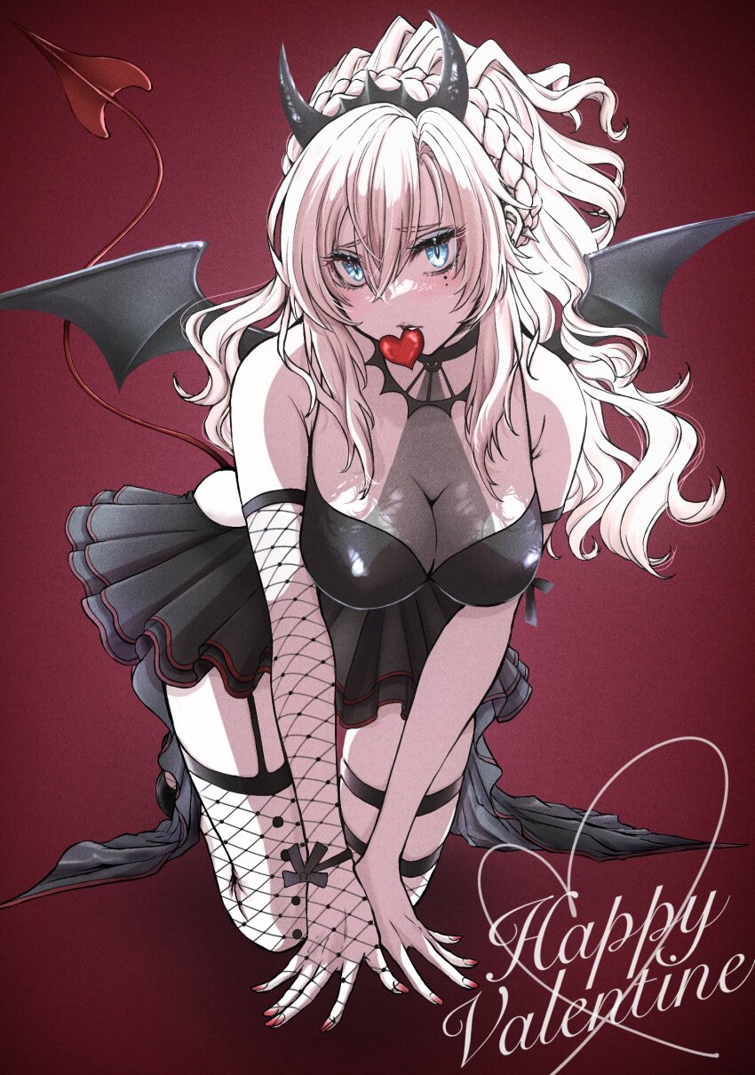 1girl blue_eyes blush braid breasts cleavage demon_horns demon_tail demon_wings fate/grand_order fate_(series) fishnet_thighhighs fishnets genmai_(crowcrowclown) gothic_lolita happy_valentine heart highres horns kriemhild_(fate) large_breasts lolita_fashion long_hair mole nail_polish skirt tail thighhighs white_hair wings