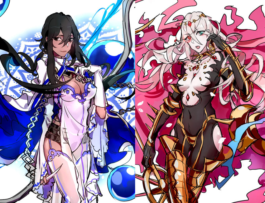 arjuna_(fate) armor asteria black_hair blue_eyes bow brown_eyes cape dark-skinned_female dark_skin earrings fate/apocrypha fate/grand_order fate_(series) genderswap genderswap_(mtf) highres jewelry karna_(fate) messy_hair red_eyes weapon white_hair