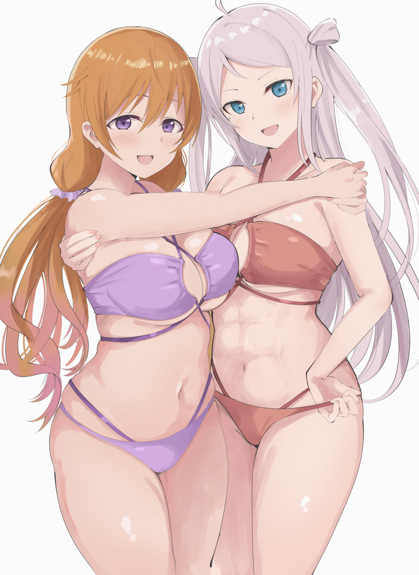 2girls absurdres asymmetrical_docking bikini blue_eyes breast_press breasts brown_hair highres hug konoe_kanata large_breasts long_hair looking_at_viewer love_live! love_live!_nijigasaki_high_school_idol_club multiple_girls muscular muscular_female navel pink_hair purple_bikini purple_eyes red_bikini smile swimsuit thighs twintails wewe white_background zhong_lanzhu