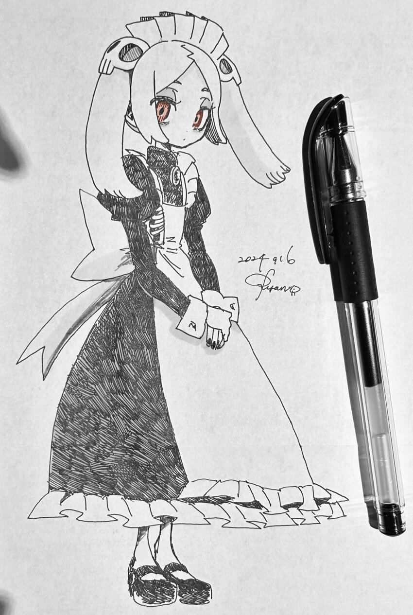 1girl apron black_nails bloody_marie_(skullgirls) dress frilled_apron frilled_dress frills full_body hair_ornament highres juliet_sleeves long_sleeves looking_at_viewer maid_headdress mary_janes monochrome nail_polish own_hands_clasped pen_(medium) puffy_sleeves red_eyes ribs ryantoruhuhu shoes skeleton skull_hair_ornament skullgirls solo spot_color standing traditional_media twintails