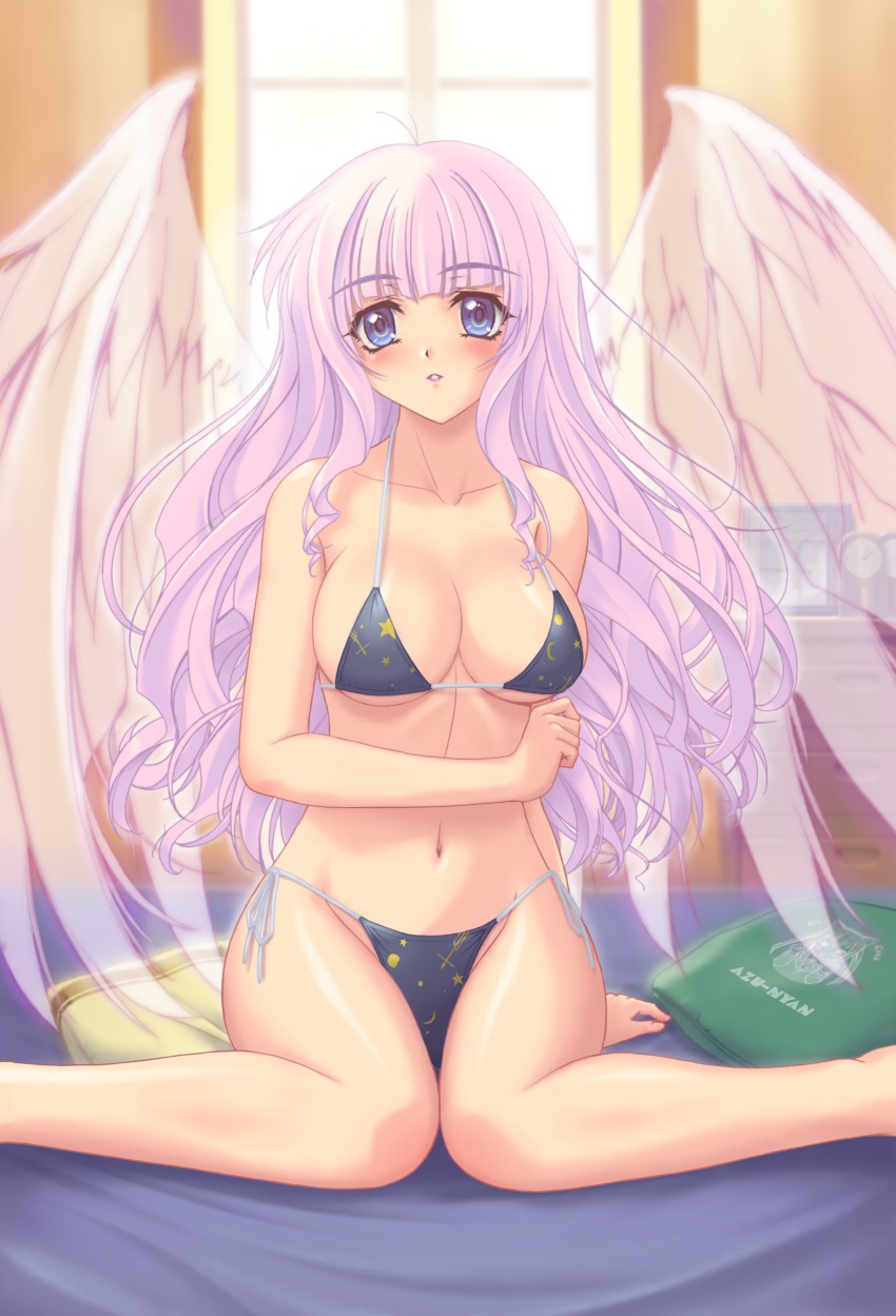 1girl absurdres angel bikini blue_eyes blush breasts cleavage female_focus highres long_hair navel pink_hair r1 side-tie_bikini_bottom solo swimsuit window wings