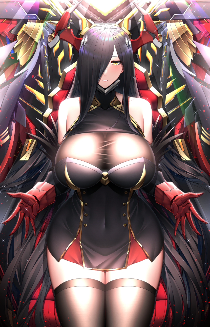 1girl absurdres azur_lane black_dress black_hair black_thighhighs breasts buttons cleavage collarbone covered_navel dress elbow_gloves friedrich_der_grosse_(azur_lane) gloves hair_over_one_eye highres horns huge_breasts huge_filesize kome_cola long_hair looking_at_viewer mature_female mechanical_horns parted_lips see-through_clothes see-through_dress sidelocks sleeveless sleeveless_dress solo thighhighs very_long_hair yellow_eyes