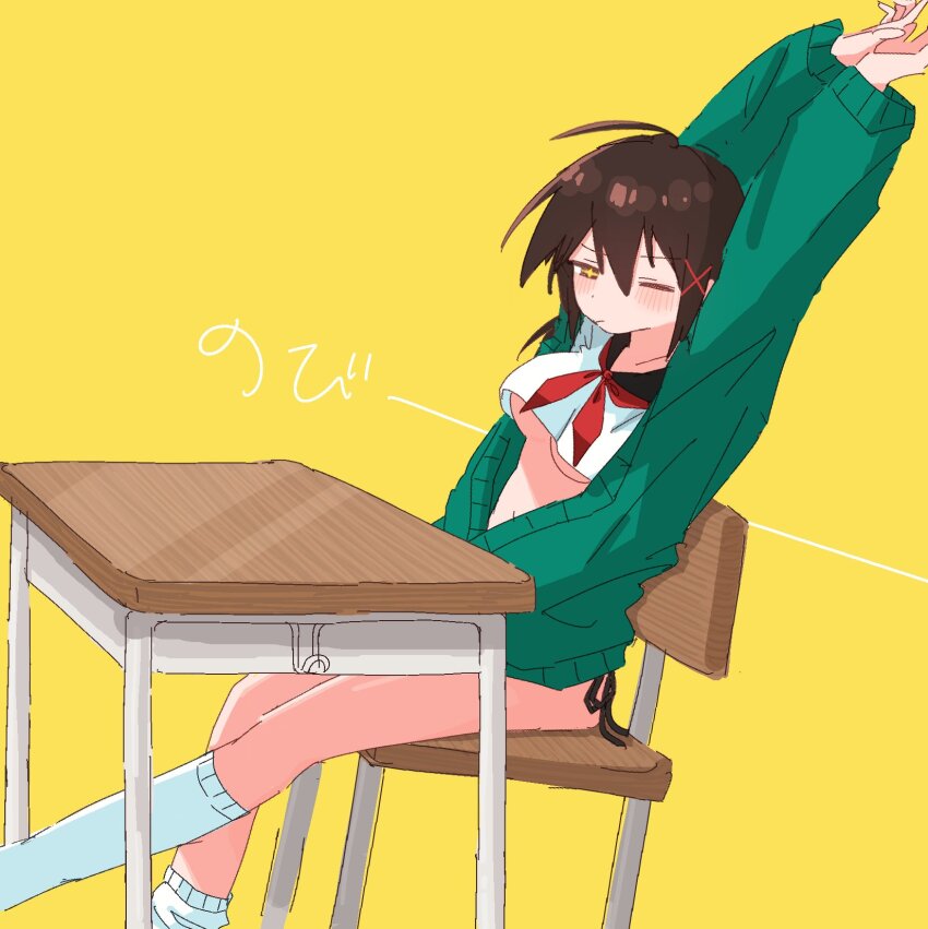 +_+ 1girl aoyane arms_up borrowed_character breasts brown_eyes brown_hair cardigan chair closed_mouth cropped_shirt desk feet_out_of_frame green_cardigan half-closed_eye highres kneehighs large_breasts long_hair long_sleeves neckerchief no_bra no_pants nouka-chan_(nouka_(nouka_nanoka)) on_chair one_eye_closed open_cardigan open_clothes original outstretched_leg own_hands_together panties red_neckerchief school_chair school_desk shirt side-tie_panties simple_background single_loose_sock sitting socks solo stretching string_panties underboob underwear white_shirt white_socks yellow_background