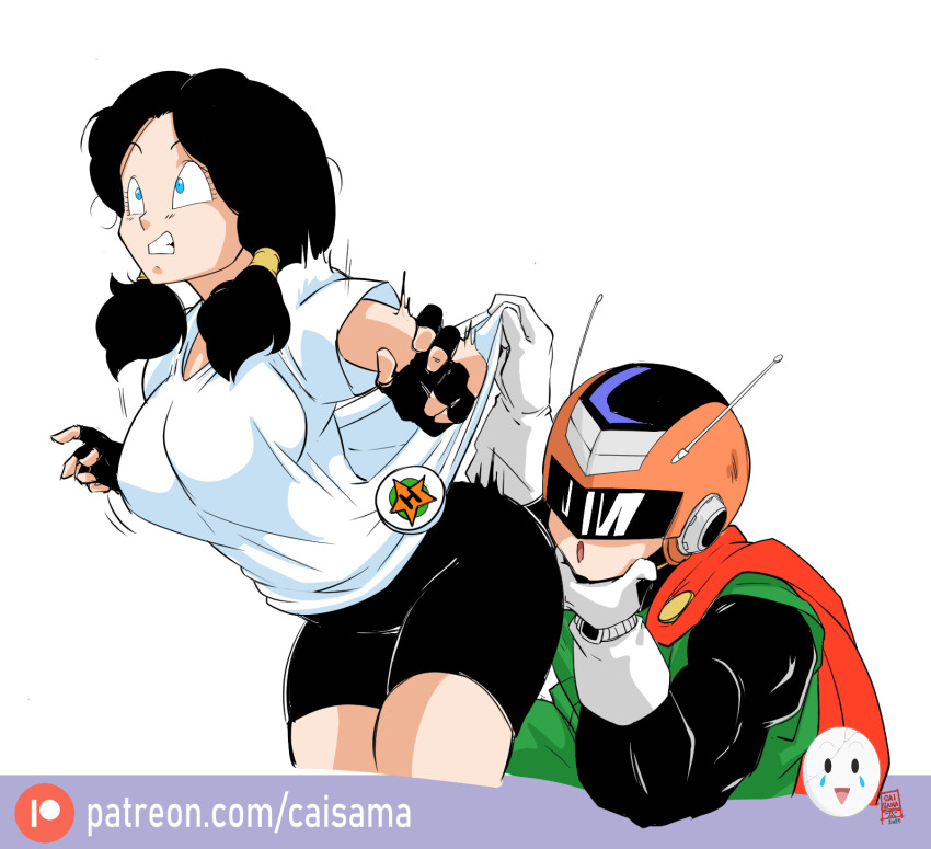 1boy 1girl accidental_pervert ass blue_eyes breasts caisama cape dragonball_z embarrassed helmet highres large_breasts looking_at_another looking_at_ass shorts son_gohan sunglasses surprised tagme thighs tomboy twintails videl