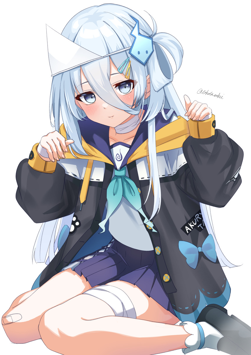 1girl absurdres blue_eyes blush breasts closed_mouth collarbone commentary_request ghost_pose grey_hair hair_between_eyes hair_ornament highres jacket looking_at_viewer seiza shoes sitting smile solo suzutuki_sui thighs toketa-sekai translation_request varium virtual_youtuber white_background