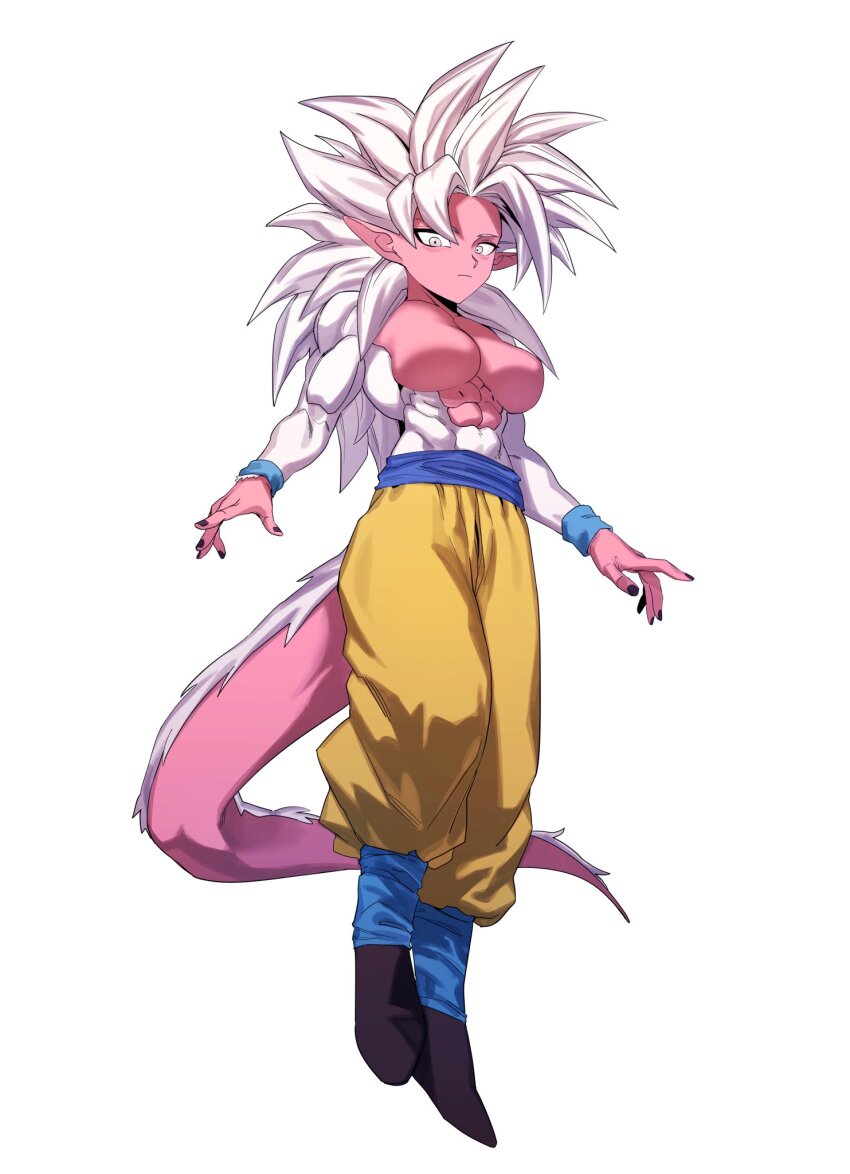 1girl abs android_21 arabian_clothes black_nails breasts colored_skin dragon_ball dragon_ball_fighterz dragonball_z grey_eyes large_breasts long_ears long_hair looking_at_viewer majin_android_21 muscular muscular_arms muscular_female no_nipples pink_skin pointy_ears spiked_hair super_saiyan super_saiyan_4 tail white_fur white_hair zequung zquung