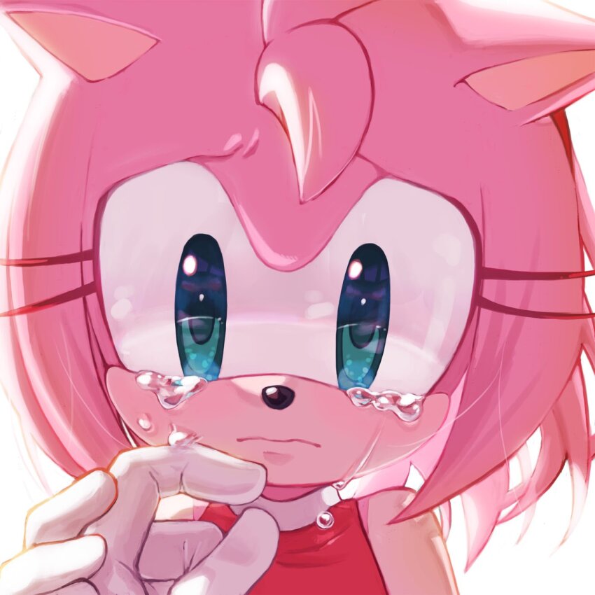 1girl amy_rose animal_ears animal_nose backlighting closed_mouth dress frown furry furry_female gloves green_eyes hairband hand_on_another&#039;s_hand hedgehog hedgehog_girl highres konjiki_ringo pink_fur red_dress sad simple_background sonic_(series) sonic_the_hedgehog tearing_up tears upper_body white_background white_gloves