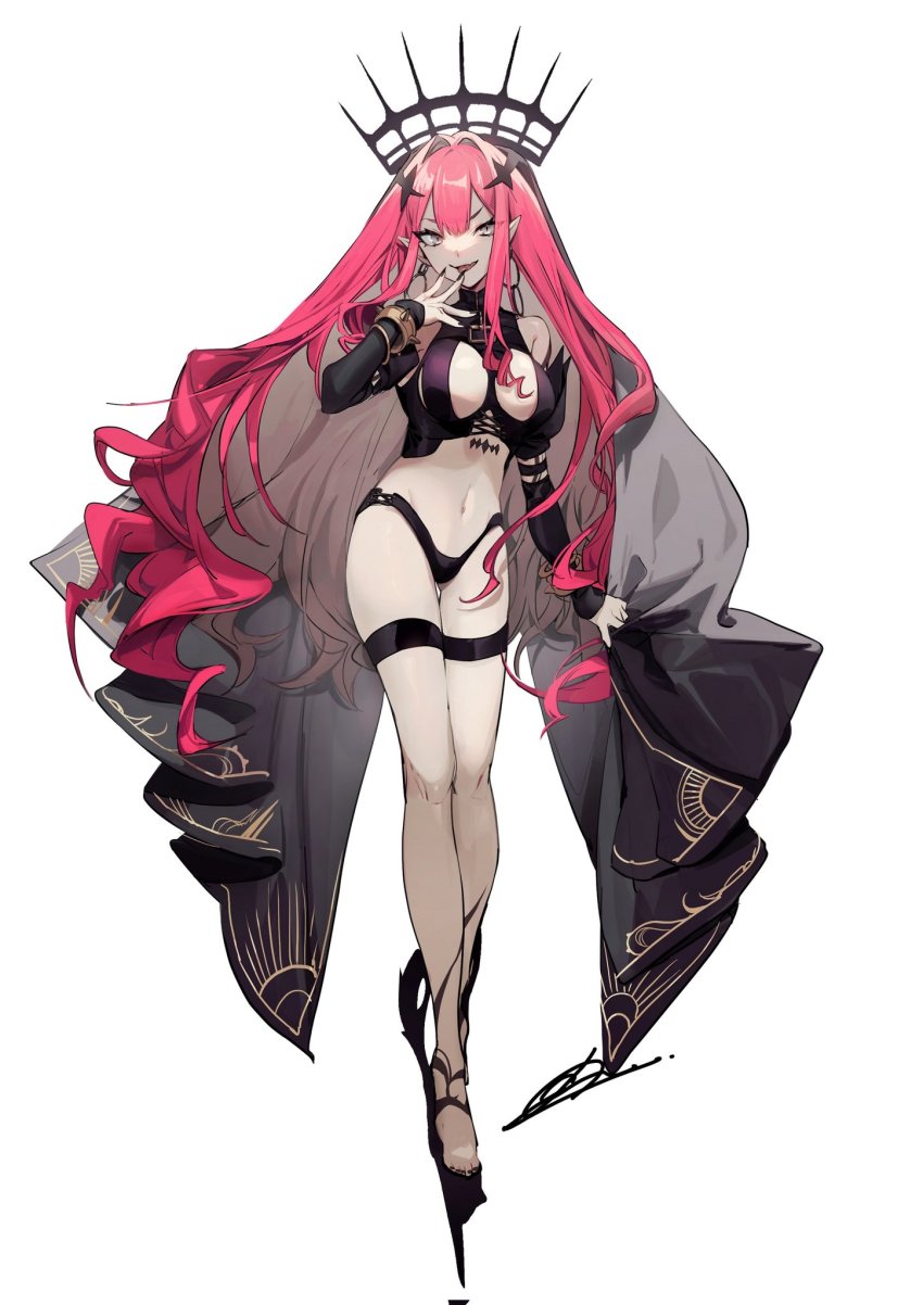 1girl baobhan_sith_(fate) baobhan_sith_(second_ascension)_(fate) bare_shoulders black_panties bracelet breasts bridal_gauntlets corrupted_twitter_file detached_sleeves earrings fate/grand_order fate_(series) full_body grey_eyes high_heels highleg highleg_panties highres jewelry large_breasts long_hair looking_at_viewer navel no-kan open_mouth panties pink_hair pointy_ears revealing_clothes sidelocks simple_background smile solo thigh_strap tiara tongue tongue_out underwear veil white_background