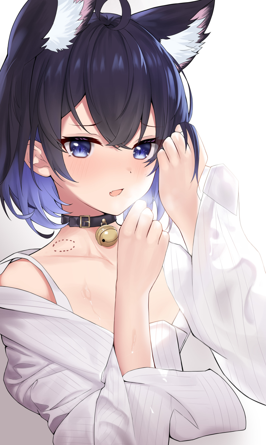 1girl absurdres ahoge animal_ear_fluff animal_ears bell benghuai_xueyuan bite_mark black_choker black_hair blue_eyes blue_hair blush cat_ears choker colored_inner_hair commentary_request extra_ears eyes_visible_through_hair fang highres honkai_(series) honkai_impact_3rd jingle_bell long_sleeves multicolored_hair neck_bell open_mouth seele_vollerei shirt short_hair skin_fang solo takeawatch underwear upper_body white_shirt