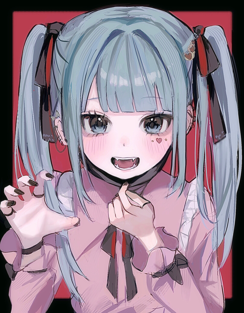 1girl aegyo_sal bad_hands black_border black_mask black_nails black_ribbon blue_eyes blue_hair blunt_bangs blush border claw_pose deco27 facial_mark fangs frilled_shirt_collar frilled_sleeves frills hair_intakes hair_ribbon hatsune_miku heart heart_facial_mark highres hiiragi_xoxo jirai_kei long_hair long_sleeves looking_at_viewer mask mask_pull mouth_mask nail_polish neck_ribbon open_mouth outside_border pink_shirt red_background ribbon shirt simple_background smile solo straight-on teeth tongue twintails two-sided_ribbon vampire_(vocaloid) vocaloid