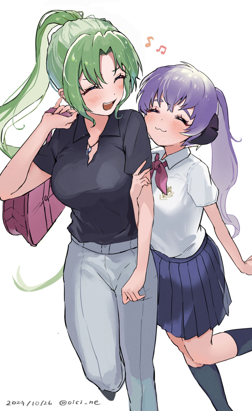 2girls :3 ^_^ absurdres bag black_shirt blue_skirt blush closed_eyes collared_shirt dated green_hair hanyuu hashtag-only_commentary high-waist_pants highres higurashi_no_naku_koro_ni holding holding_bag horns kneehighs locked_arms long_hair multiple_girls musical_note oici_ne open_mouth pants pink_ribbon pleated_skirt ponytail purple_hair ribbon shirt short_sleeves signature simple_background skirt sleeveless smile socks sonozaki_mion twitter_username white_background white_pants white_shirt