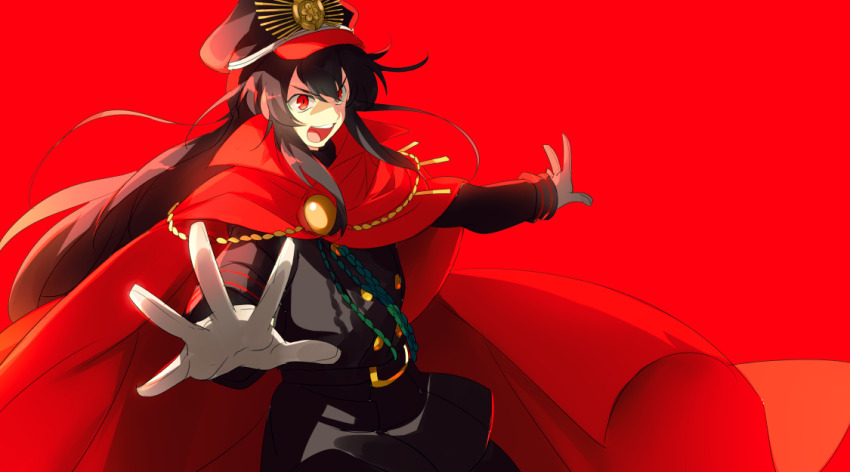 1girl belt black_hair black_hat black_jacket black_pants breasts buttons cape chain echo_(circa) fate/grand_order fate_(series) gloves hat jacket koha-ace long_hair long_sleeves medallion oda_nobunaga_(fate) oda_uri open_mouth pants peaked_cap popped_collar red_cape red_eyes small_breasts smile solo white_gloves