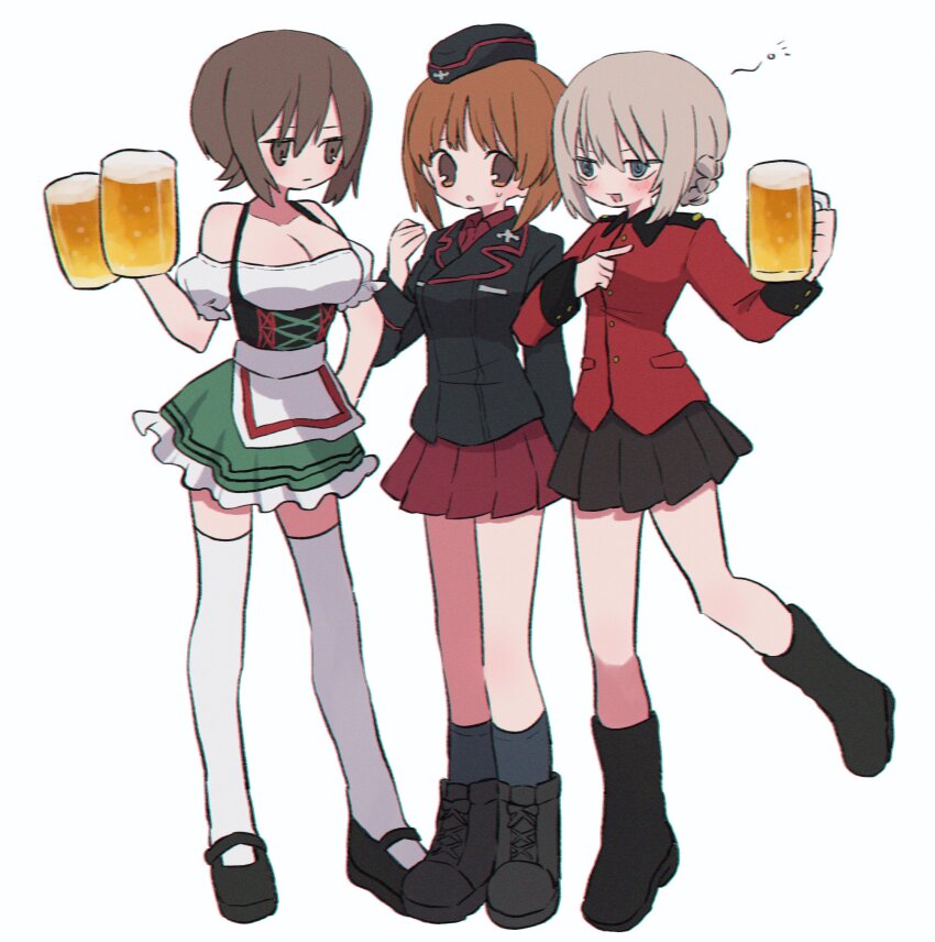 3girls :&lt; :d :| @_@ alcohol apron arms_at_sides bare_shoulders beer beer_mug black_corset black_dress black_footwear black_hat black_jacket black_skirt black_socks blush bob_cut boots braid breasts brown_eyes brown_hair cleavage closed_mouth collared_shirt combat_boots commentary corset crown_braid cup dirndl dress dress_shirt drink drinking drunk epaulettes expressionless frilled_dress frills full_body garrison_cap german_clothes girls_und_panzer green_dress hair_between_eyes hair_up hand_on_own_hip hand_up hat highres holding holding_cup holding_drink index_finger_raised itsumi_erika jacket jitome knee_boots kneehighs kuromorimine_military_uniform large_breasts light_brown_hair locked_arms long_sleeves looking_at_another looking_to_the_side mary_janes medium_breasts military_jacket military_uniform miniskirt mug multicolored_clothes multicolored_dress multiple_girls nervous_sweating nishizumi_maho nishizumi_miho off-shoulder_dress off_shoulder open_mouth parted_lips pleated_skirt pointing puffy_short_sleeves puffy_sleeves red_jacket red_skirt red_trim red_undershirt ri_(qrcode) serving shirt shoes short_dress short_hair short_sleeves side-by-side sidelocks simple_background skirt small_breasts smile socks squeans standing sweat sweatdrop symbol-only_commentary thighhighs unamused waist_apron white_apron white_background white_dress white_thighhighs worried zettai_ryouiki