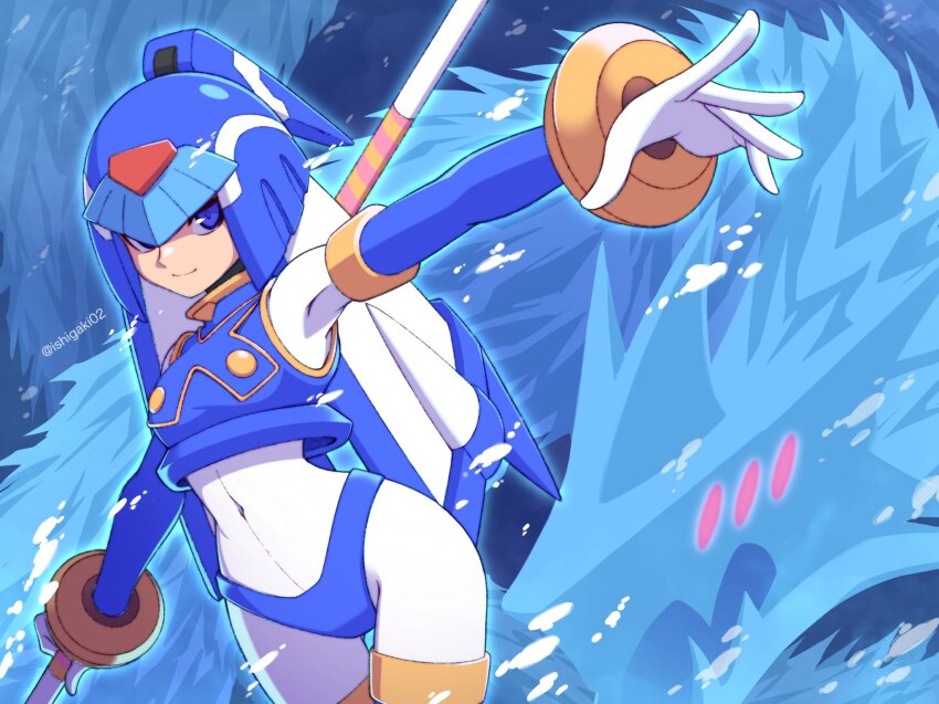 1girl blue_eyes bodysuit crop_top forehead_jewel helmet highres holding holding_weapon ice_dragon ishigaki_(sora_roxas) fairy_leviathan_(mega_man) looking_at_viewer mega_man_(series) mega_man_zero_(series) mega_man_zero_2 red_eyes solo twitter_username weapon white_bodysuit