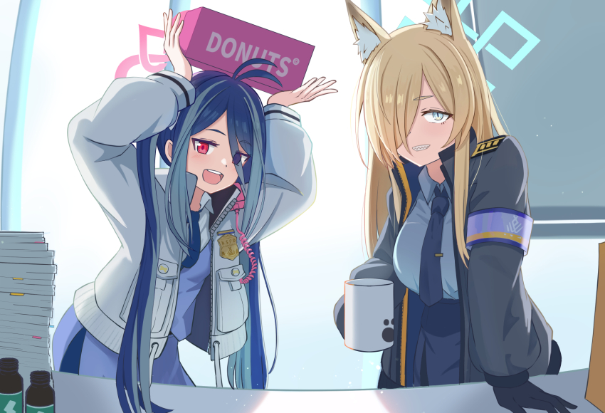 2girls animal_ear_fluff animal_ears antenna_hair armband arms_up black_gloves black_jacket blonde_hair blue_archive blue_armband blue_hair blue_halo blue_necktie blue_skirt box breasts coffee_mug collared_shirt commentary_request cup dog_ears dog_girl doku-doku fubuki_(blue_archive) gloves hair_over_one_eye halo highres holding holding_box holding_cup jacket kanna_(blue_archive) large_breasts light_blush long_hair long_sleeves looking_at_viewer mug multiple_girls necktie notched_ear open_mouth paper_stack pink_halo red_eyes sharp_teeth shirt skirt small_breasts smile teeth twintails upper_teeth_only white_jacket white_shirt