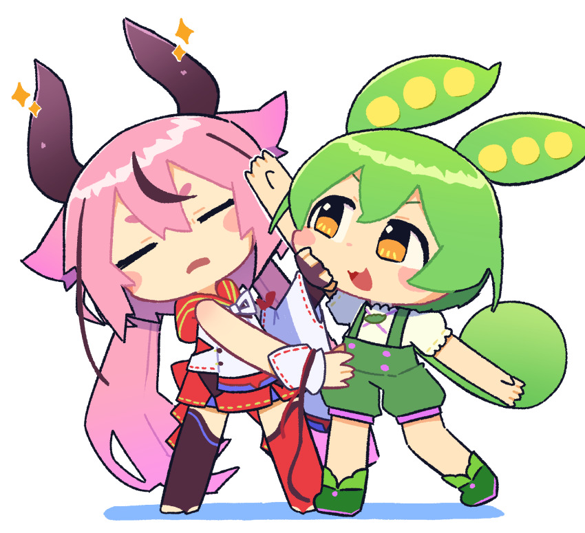 2girls :3 :d animal_ears arm_up asymmetrical_legwear asymmetrical_sleeves blush_stickers brown_hair brown_horns brown_thighhighs chibi chibi_only closed_eyes commentary_request detached_sleeves full_body green_hair green_shoes green_shorts highres horns konohoshi long_hair meika_mikoto mismatched_legwear multicolored_hair multiple_girls neck_ribbon open_mouth pink_hair ponytail red_skirt red_thighhighs ribbon ribbon-trimmed_sleeves ribbon_trim shirt shoes short_sleeves shorts simple_background skirt sleeveless sleeveless_shirt smile sparkle standing streaked_hair suspender_shorts suspenders thighhighs twintails uneven_sleeves v-shaped_eyebrows vocaloid voicevox white_background white_ribbon white_shirt white_sleeves yellow_eyes zundamon