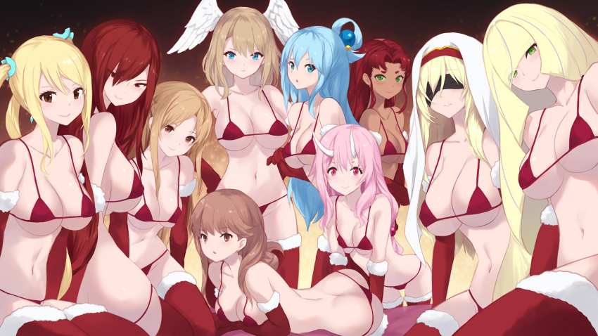 6+girls aqua_(konosuba) ass asuna_(sao) bikini black_blindfold blindfold blonde_hair blue_eyes blue_hair blunt_bangs breasts brown_eyes brown_hair cait_aron character_request commentary_request creatures_(company) crossover dark-skinned_female dark_skin dc_comics elbow_gloves erza_scarlet eunie_(xenoblade) fairy_tail fur-trimmed_legwear fur_trim game_freak gloves goblin_slayer! green_eyes hair_ornament hair_over_one_eye hair_rings head_wings highres horns kono_subarashii_sekai_ni_shukufuku_wo! large_breasts long_hair looking_at_viewer lucy_heartfilia lusamine_(pokemon) mature_female micro_bikini multiple_girls navel nintendo oni pink_eyes pink_hair pokemon pokemon_sm red_bikini red_gloves red_hair red_thighhighs santa_bikini shuna_(tensei_shitara_slime_datta_ken) single_hair_ring smile starfire swimsuit sword_art_online sword_maiden teen_titans tensei_shitara_slime_datta_ken thighhighs twintails veil very_long_hair white_horns white_veil white_wings wings xenoblade_chronicles_(series) xenoblade_chronicles_3