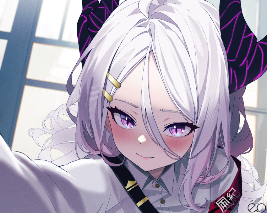 1girl ahneato ahoge armband blue_archive blush closed_mouth commentary_request demon_girl demon_horns hair_ornament hairclip highres hina_(blue_archive) horns long_hair looking_at_viewer multiple_horns outstretched_arm purple_eyes shirt solo white_hair white_shirt window