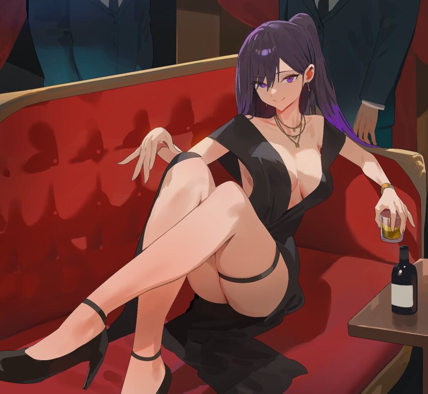 1girl alcohol black_dress black_footwear breasts cleavage clothing_cutout collarbone couch cup dress earrings high-low_skirt high_heels highres holding holding_cup hood_(james_x) indoors jewelry knees_up large_breasts leaning_back leg_up legs legs_together long_hair long_legs looking_at_viewer low_neckline lying necklace on_couch original ponytail purple_hair side_cutout smile thigh_strap unfinished sketch_background very_long_hair