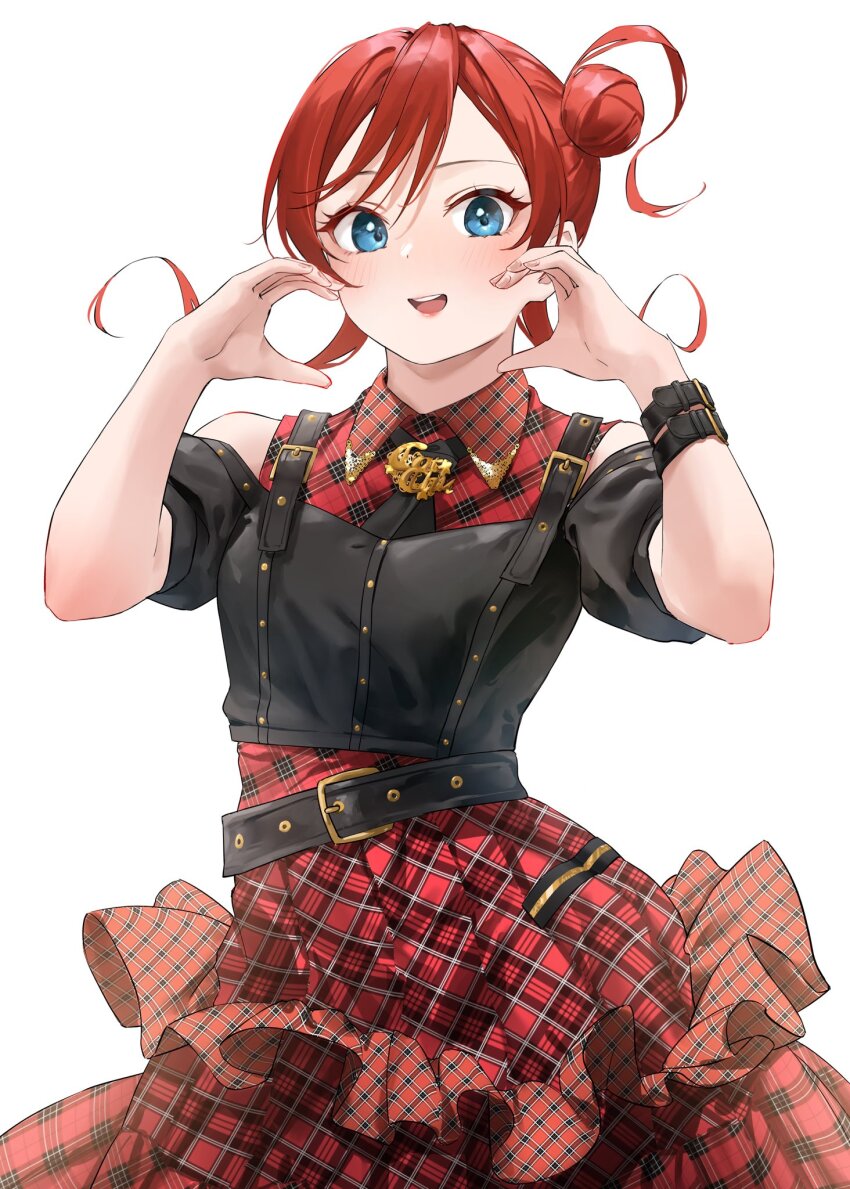 1girl :d black_shirt blue_eyes collared_dress commentary_request dress frilled_dress frills hair_bun half-heart_hands highres looking_at_viewer love_live! love_live!_superstar!! off-shoulder_shirt off_shoulder official_alternate_costume open_mouth plaid_clothes plaid_dress puffy_short_sleeves puffy_sleeves red_dress red_hair shinyoujurin shirt shirt_over_dress short_hair_with_long_locks short_sleeves simple_background single_side_bun smile solo teeth upper_teeth_only white_background yoneme_mei