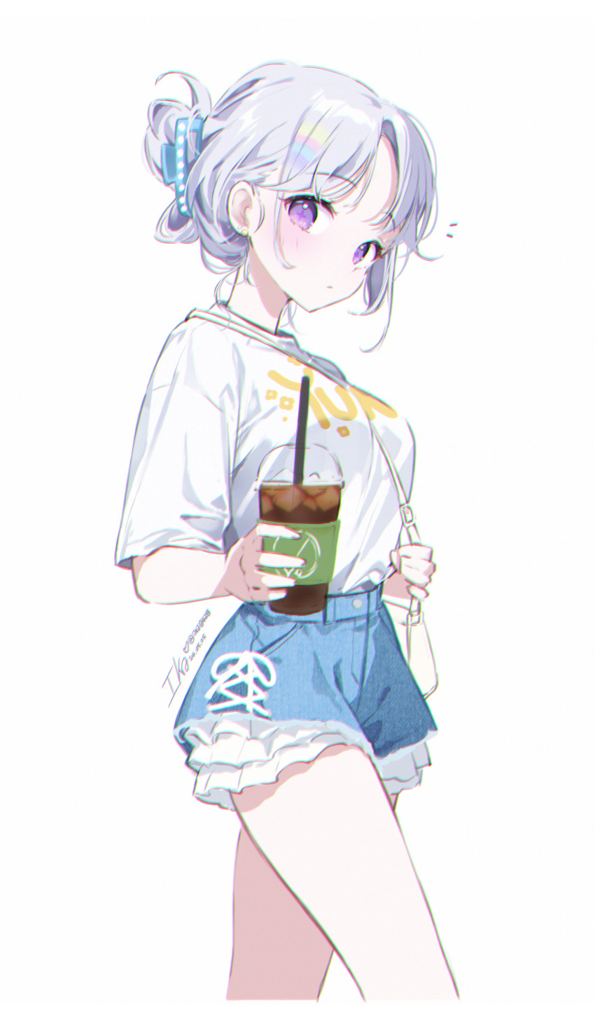 1girl absurdres ayatsuno_yuni bag blue_skirt breasts chromatic_aberration closed_mouth cropped_legs cross-shaped_pupils cup denim denim_skirt disposable_cup folded_ponytail hair_ornament highres holding holding_cup ika_(4801055) long_hair looking_at_viewer medium_breasts miniskirt parted_bangs purple_eyes shirt shirt_tucked_in shoulder_bag simple_background skirt solo stellive symbol-shaped_pupils thighs virtual_youtuber white_background white_hair white_shirt