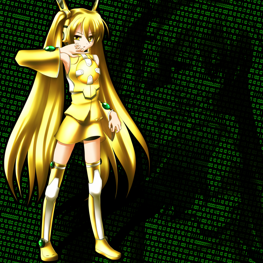 1girl ambassador_magma blonde_hair boots detached_sleeves female_focus hatsune_miku highres long_hair mille solo very_long_hair vocaloid yellow_eyes