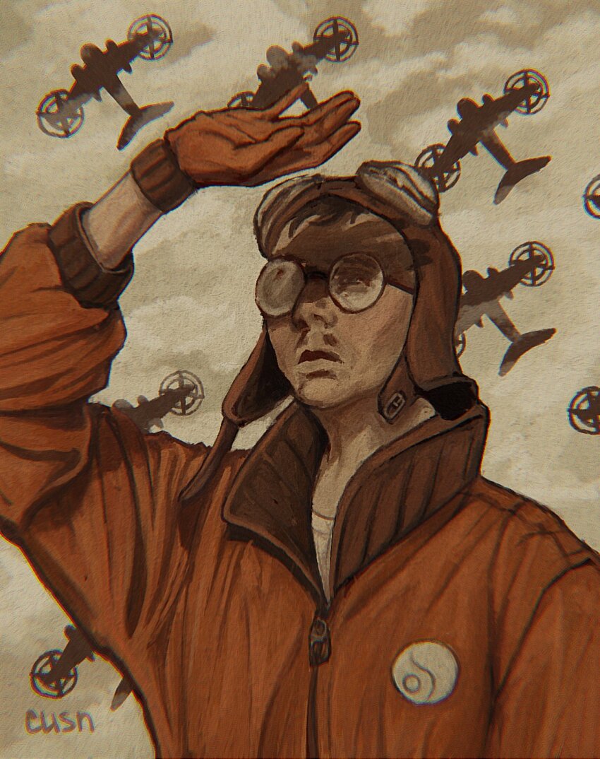 1boy aircraft airplane arm_up artist_name bomber_jacket brown_gloves cloud collared_jacket crew_neck cusn_0 disco_elysium facial_hair gloves goggles goggles_on_head helmet highres jacket kim_kitsuragi male_focus mustache orange_hair pilot_helmet popped_collar rimless_eyewear round_eyewear shading_eyes shirt silhouette sky solo upper_body white_shirt zipper zipper_pull_tab