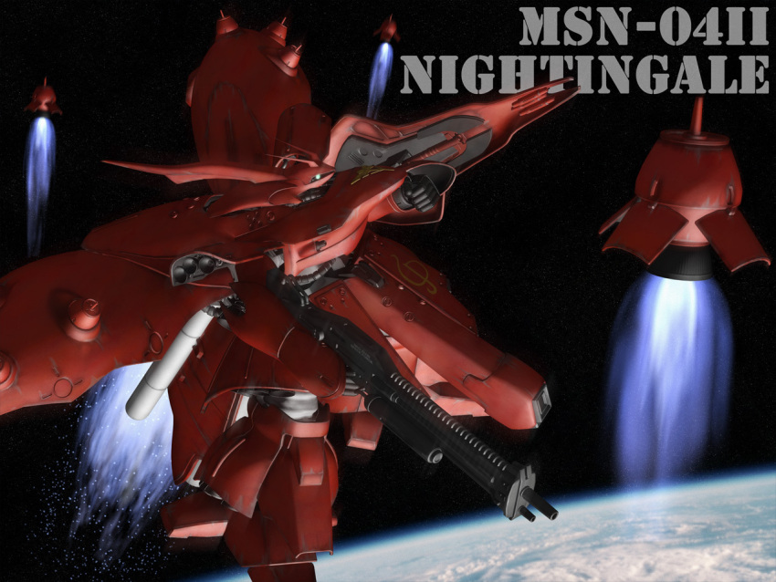 3d beam_cannon beam_rifle char&#039;s_counterattack char&#039;s_counterattack_-_beltorchika&#039;s_children character_name commentary_request earth_(planet) energy_gun funnels_(gundam) gundam in_orbit machinery mecha mecha_focus mobile_armor nightingale_(gundam) no_humans photo_background planet realistic robot science_fiction shield space thrusters tomholy weapon zero_gravity