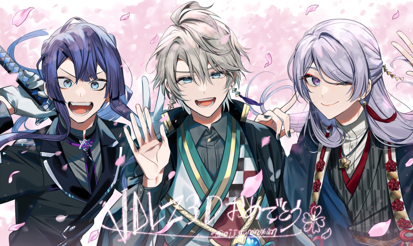 3boys :d ;) arm_up black_jacket black_nails black_shirt blue_eyes checkered_clothes checkered_kimono closed_mouth collared_shirt earrings floating_hair genzuki_toujirou gloves grey_gloves grey_hair grey_kimono grey_shirt hair_between_eyes hand_up highres jacket japanese_clothes jewelry kaida_haru kaida_haru_(1st_costume) katana kimono long_hair looking_at_viewer male_focus multiple_boys nagao_kei nail_polish nijisanji ninahachi obi one_eye_closed open_clothes open_jacket open_mouth petals purple_eyes purple_hair sash shirt smile swept_bangs sword twitter_username upper_body v-shaped_eyebrows valz very_long_hair virtual_youtuber weapon weapon_on_back white_kimono white_shirt