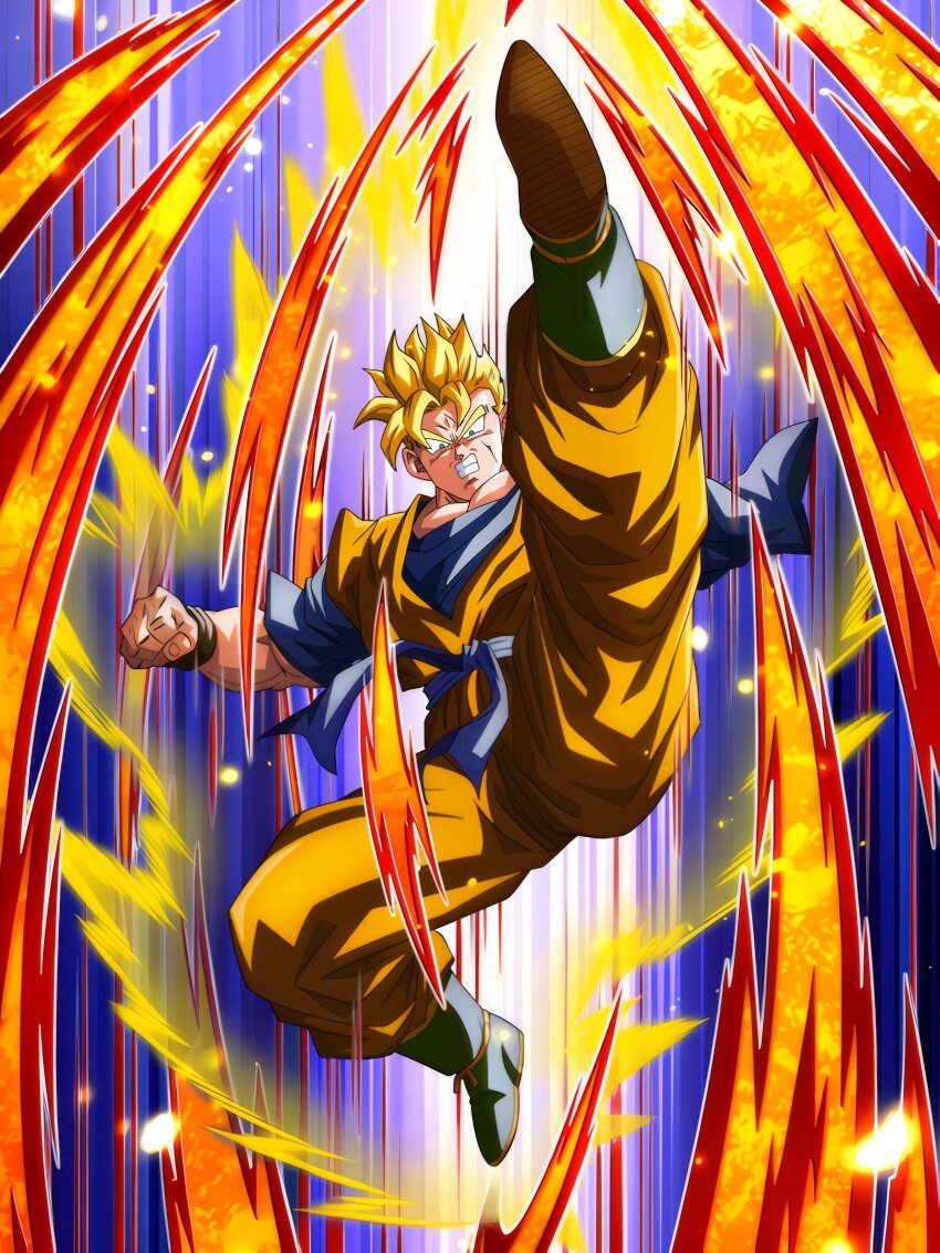 absurdres angry aura blonde_hair dokkan_battle dragon_ball energy green_eyes highres kicking looking_at_viewer muscular muscular_male official_art scar scar_across_eye son_gohan_(future) spiked_hair super_saiyan tagme