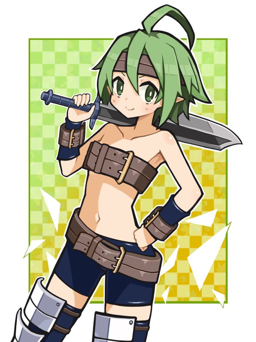 1girl ahoge belt belt_bra black_shorts border bright_pupils brown_belt brown_headband checkered_background closed_mouth cowboy_shot disgaea dot_nose double-parted_bangs female_warrior_(disgaea) gradient_background green_background green_eyes green_hair hair_between_eyes hand_on_own_hip headband highres holding holding_sword holding_weapon leg_armor light_blush light_smile multiple_belts navel no_shirt outline outside_border over_shoulder pointy_ears shards short_eyebrows short_hair short_shorts shorts smile solo split_mouth stomach suaman sword sword_over_shoulder two-tone_background v-shaped_eyebrows weapon weapon_over_shoulder white_border white_outline white_pupils wrist_belt wrist_guards yellow_background