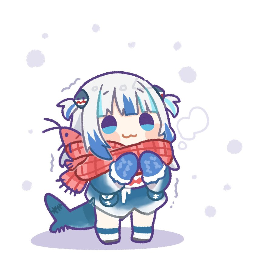 1girl :3 adapted_costume blue_eyes blue_hair blue_mittens blunt_bangs blush_stickers breath chibi chibi_only cold commentary ebi-chan_(gawr_gura) fins fish_tail gawr_gura gawr_gura_(1st_costume) hair_ornament hairclip hashtag-only_commentary highres hololive hololive_english mittens multicolored_hair red_scarf same_anko scarf shark_tail simple_background smile snowing solo streaked_hair symbol-only_commentary tail trembling two-tone_hair two_side_up virtual_youtuber white_background white_hair