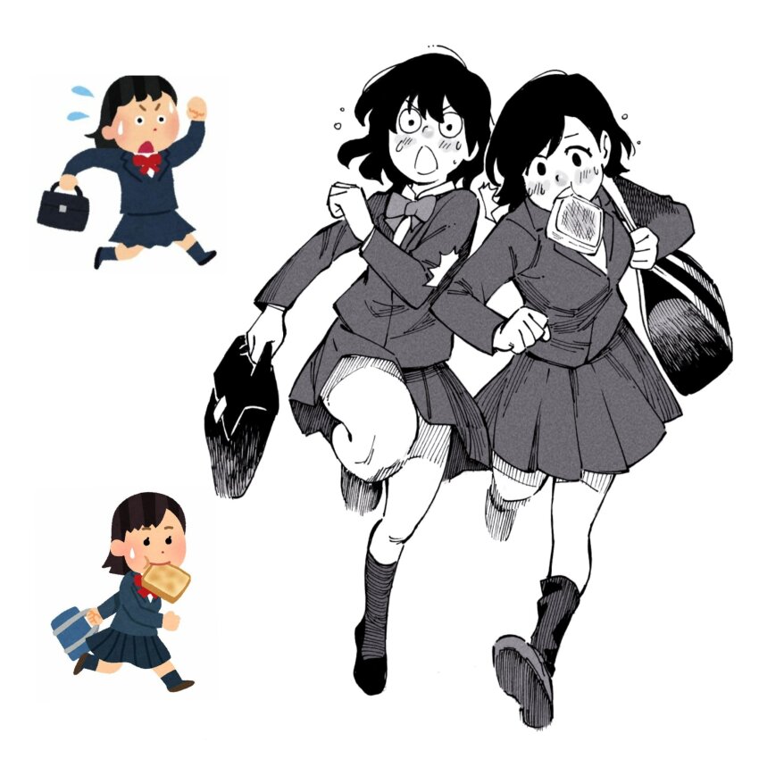 2girls andony_strawhat bag black_hair blush bread bread_slice flying_sweatdrops food food_in_mouth highres holding holding_bag irasutoya jacket long_hair monochrome mouth_hold multiple_girls pleated_skirt running school_bag school_uniform short_hair shoulder_bag simple_background skirt sweatdrop toast toast_in_mouth