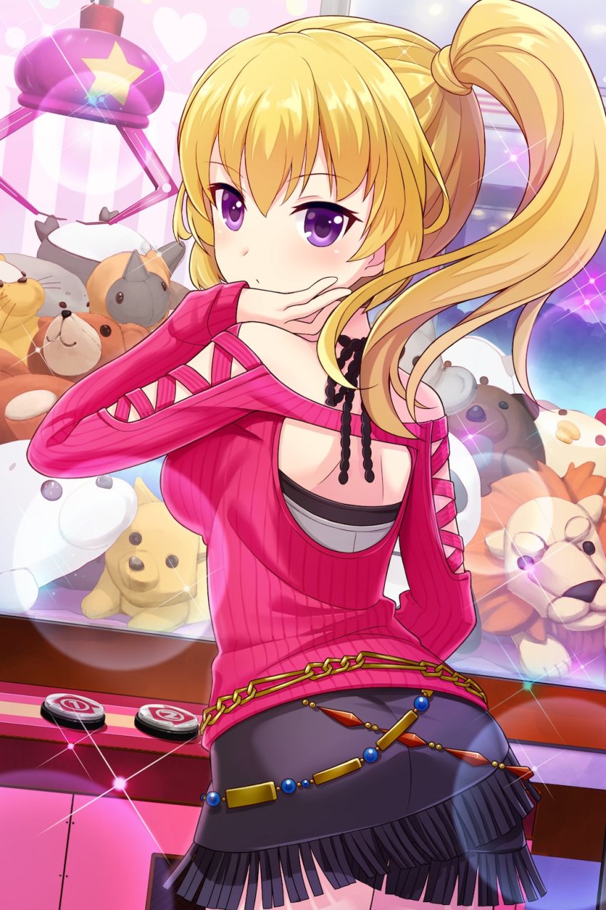 1girl alternative_girls blonde_hair blouse blush crane_game female_focus from_behind hand_on_own_cheek hand_on_own_face highres miniskirt mizushima_airi official_art pink_shirt ponytail purple_eyes shirt skirt solo stuffed_animal stuffed_toy