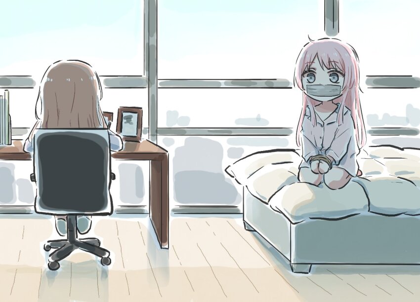 2girls bang_dream! bang_dream!_it&#039;s_mygo!!!!! bed bound brown_hair chair chihaya_anon commentary gag grey_eyes holding holding_pen improvised_gag indoors long_hair lyy multiple_girls nagasaki_soyo pajamas pen pink_hair restrained shirt sitting tape tape_gag tied_up_(nonsexual) white_shirt window