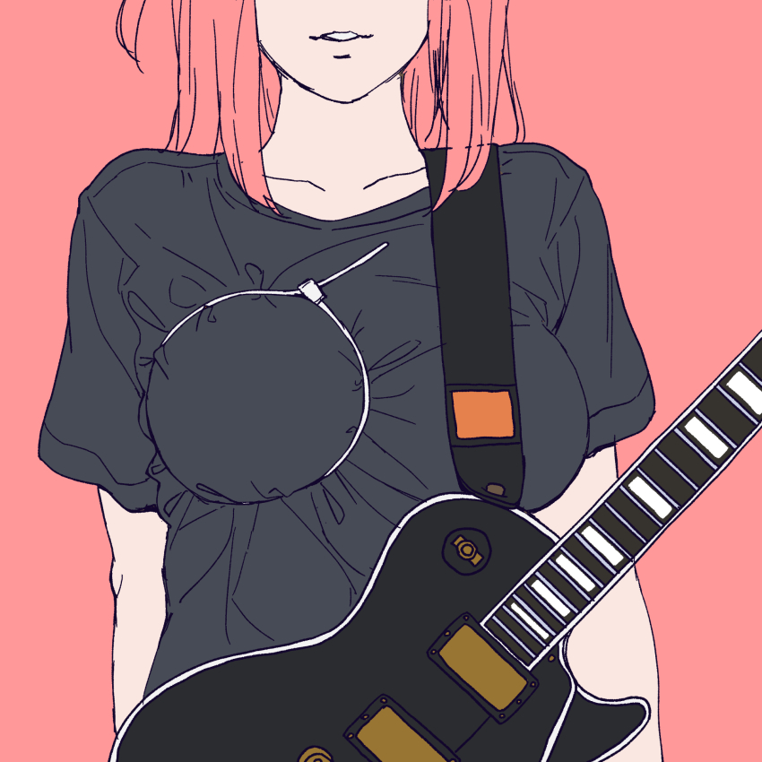 1girl bocchi_the_rock! breasts cable_tie collarbone commentary_request electric_guitar flat_color gibson_les_paul gotoh_hitori guitar head_out_of_frame highres holding holding_instrument instrument large_breasts long_hair onsen_tamago_(hs_egg) parted_lips pink_background pink_hair short_sleeves solo standing tied_breast upper_body