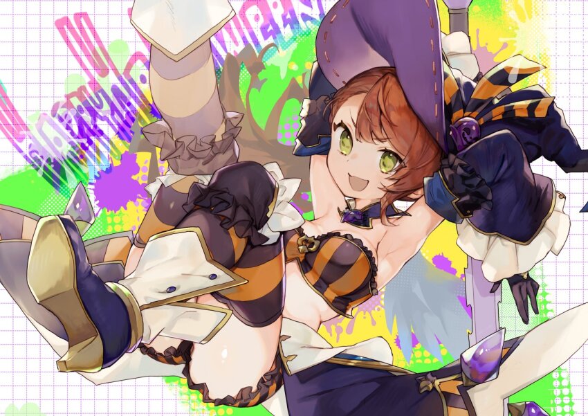 1girl asymmetrical_bangs bare_shoulders beatrix_(granblue_fantasy) beatrix_(halloween)_(granblue_fantasy) black_gloves blush bra breasts brown_hair cleavage detached_collar detached_sleeves gloves granblue_fantasy halloween halloween_costume happy_halloween hat long_hair medium_breasts motoaki navel open_mouth orange_bra shorts smile solo striped_bra striped_clothes striped_shorts striped_thighhighs thighhighs two-tone_bra underwear vertical-striped_bra vertical-striped_clothes vertical-striped_shorts witch_hat