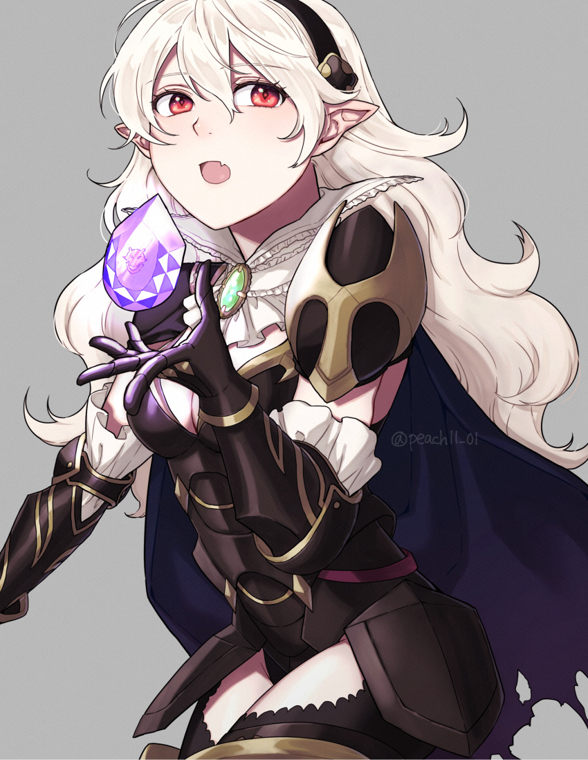 1girl alternate_costume armor black_armor black_gloves black_legwear black_panties breasts brooch cape cleavage corrin_(female)_(fire_emblem) corrin_(female)_(nohr_noble)_(fire_emblem) corrin_(fire_emblem) dragonstone elbow_gloves fang fire_emblem fire_emblem_fates fire_emblem_heroes gloves highres hip_armor jewelry medium_breasts nintendo official_alternate_costume panties pointy_ears red_eyes shamu_(peach11_01) shoulder_armor thighs torn_cape torn_clothes underwear white_hair