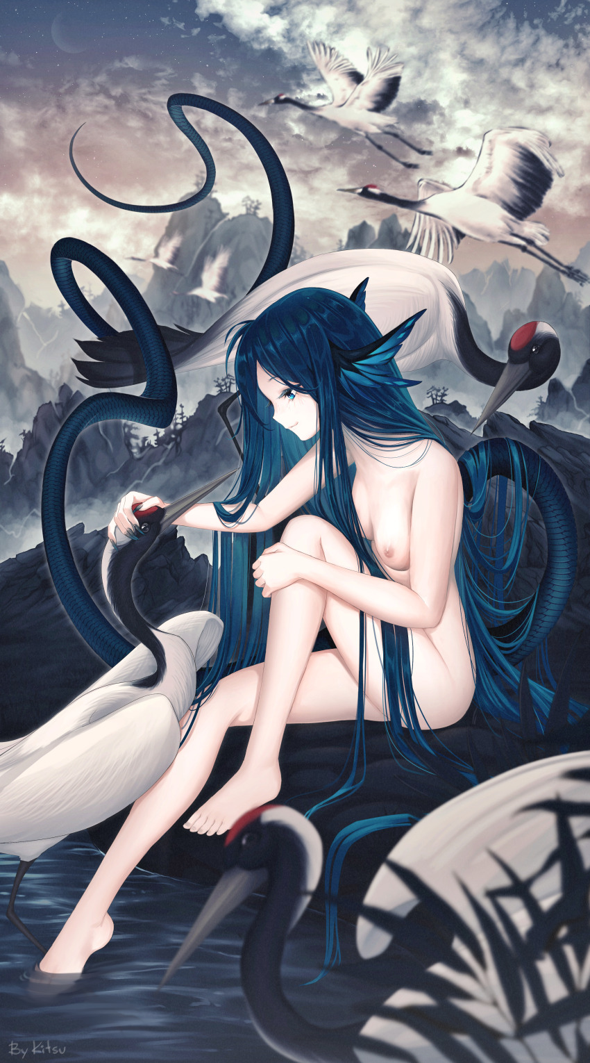 1girl absurdres bird blue_eyes blue_hair breasts cloud cloudy_sky completely_nude crane_(animal) fingernails highres kitsu_(skydiverfox) long_fingernails long_hair mountainous_horizon nipples nude original outdoors petting sitting sky small_breasts solo very_long_hair very_long_tail water