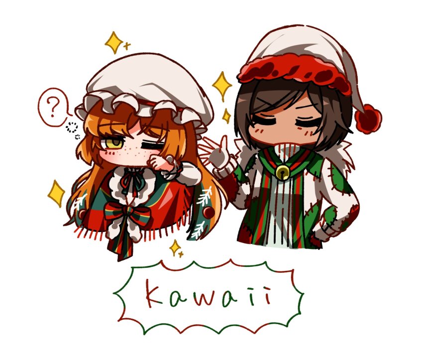 2girls bow bowtie brown_hair christmas_nightmare_(e.g.o) closed_eyes e.g.o_(project_moon) frilled_hat frills green_eyes green_scarf hat highres holiday_(e.g.o) ishmael_(project_moon) limbus_company long_hair looking_at_viewer mob_cap monosirofj multiple_girls one_eye_closed orange_hair outis_(project_moon) project_moon rubbing_eyes scarf short_hair sidelocks sparkle sweater upper_body v-shaped_eyebrows very_long_hair white_hat white_sweater