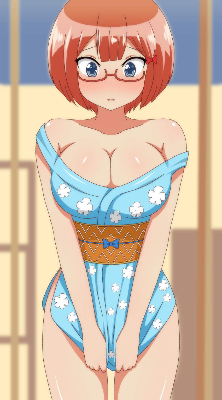 1girl absurdres blue_eyes blue_kimono blush bokutachi_wa_benkyou_ga_dekinai bow breasts brown_hair cleavage collarbone embarrassed floral_print glasses hair_bow highres japanese_clothes kimono kimono_tug large_breasts looking_down nami_(one_piece) ogata_rizu one_piece open_mouth poa_mellhen print_kimono short_hair sleeveless sleeveless_kimono standing strap_slip