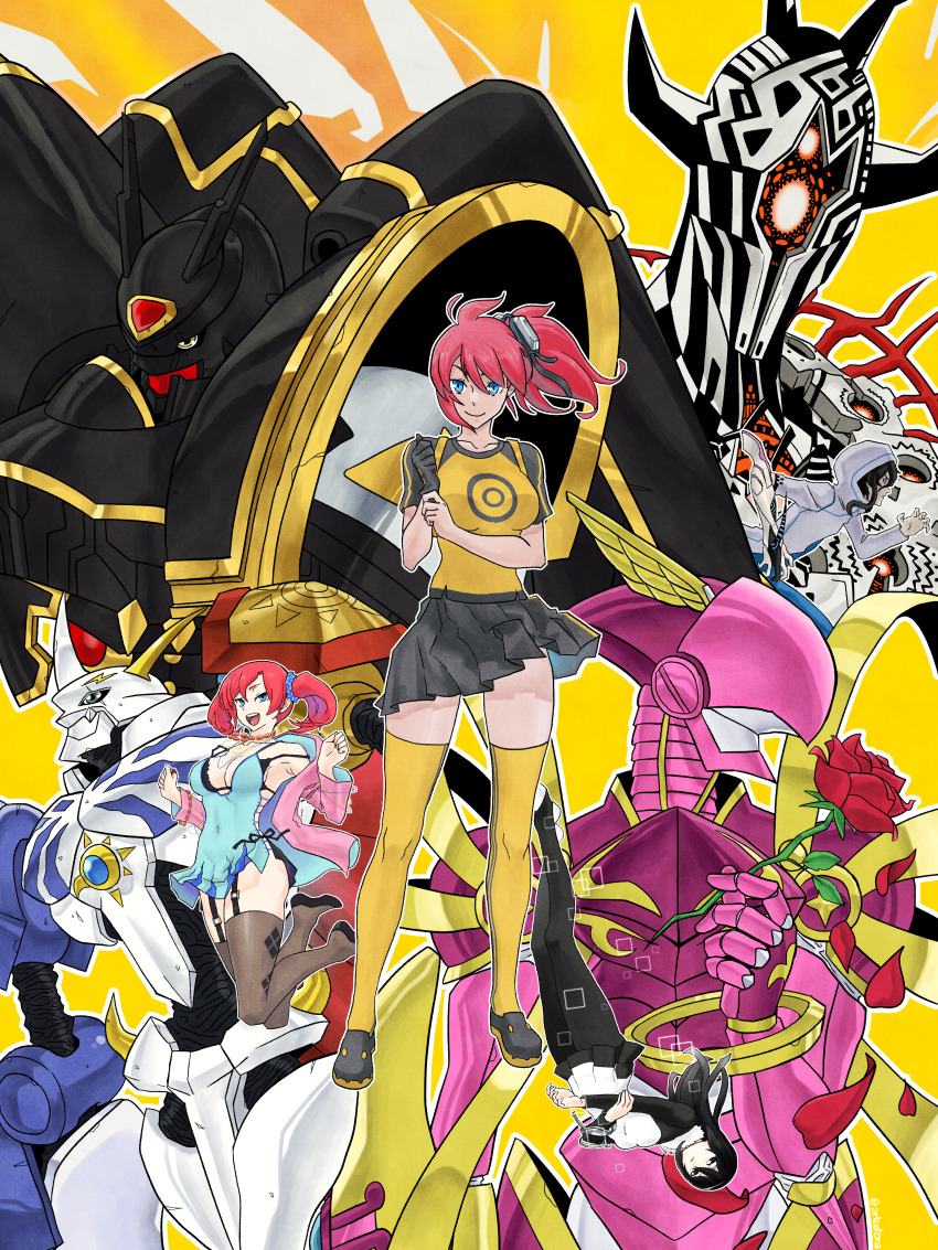 absurdres aiba_ami alphamon anniversary armor artcetona bare_shoulders black_armor black_hair black_helmet black_panties black_pantyhose black_shirt black_skirt black_thighhighs blue_camisole blue_eyes breasts camisole cleavage digimon digimon_(creature) digimon_story:_cyber_sleuth dress eater_(digimon) flower forehead_jewel garter_straps goggles goggles_on_head group_picture helmet highres holding holding_flower hood hooded_jacket jacket kamishiro_yuuko knight large_breasts lordknightmon mecha miniskirt mother_eater multiple_boys multiple_girls off_shoulder omegamon panties pantyhose pink_armor pink_helmet pink_jacket pleated_skirt red_flower red_hair red_rose robot rose sanada_arata shiramine_nokia shirt shoulder_armor side-tie_panties side_ponytail sideless_outfit simple_background skirt textless_version thighhighs twintails two-tone_shirt underwear white_armor white_dress yellow_background yellow_shirt