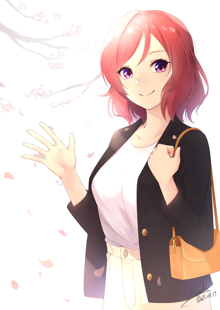 1girl bag birthday blazer breasts cherry_blossoms collarbone commentary haruna_miyabi highres jacket large_breasts long_sleeves looking_at_viewer love_live! love_live!_school_idol_project nishikino_maki purple_eyes red_hair short_hair shoulder_bag sidelocks signature smile solo