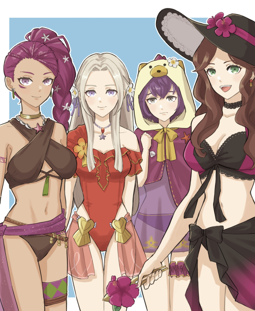 4girls animal_hood bernadetta_von_varley bernadetta_von_varley_(summer) bikini black_bikini breasts brown_bikini brown_hair cleavage cloak dark-skinned_female dark_skin dorothea_arnault dorothea_arnault_(summer) edelgard_von_hresvelg edelgard_von_hresvelg_(summer) fire_emblem fire_emblem:_three_houses fire_emblem_heroes flower green_eyes grey_eyes grey_hair hair_flower hair_ornament hair_ribbon hat highres hood looking_at_viewer multiple_girls nintendo official_alternate_costume one-piece_swimsuit petra_macneary petra_macneary_(summer) purple_bikini purple_eyes purple_hair red_one-piece_swimsuit ribbon sarong sash see-through_clothes side_ponytail sun_hat swimsuit tea6043 thigh_gap